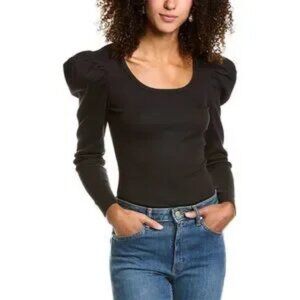 NWT Women Nation LTD Black Ribbed Pima Cotton Puff Sleeve Michelle Blouse Top XS